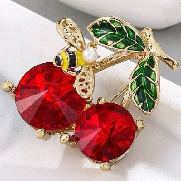 Cherry Brooch Cherry Pin Bee on Cherry Brooch - Picture 4 of 6